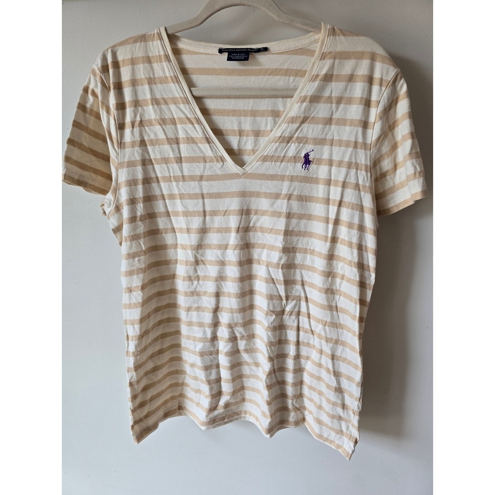 Ralph Lauren Sport Tan Striped Pima Cotton V-Neck Tee XL Purple Pony Logo